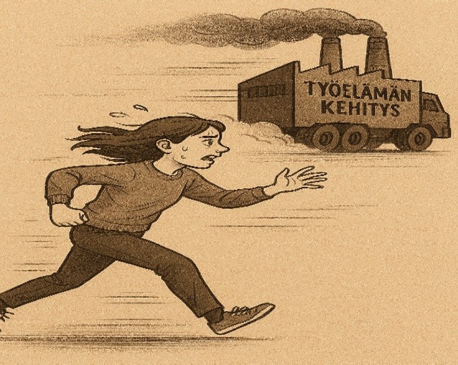 Kuvassa nuori yrittää juosta kiinni kuorma-autoa, joka kuvainnollisesti kuljettaa työelämän kehitystä eteenpäin.