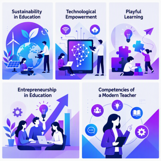 Kuvassa nimetään hankkeessa rakennetut MOOC-opinnot, joita ovat Sustainability in Education, Technological Empowerment, Playful Learning, Entrepreneurship in Education ja Competencies of a Modern Teacher. Lisäksi kuvassa on jokaisen opinnon nimeä ja sisältöä visualisoiva pieni kuva, esimerkiksi Sustainability in Education opinnon kuvassa on kestävään kehitykseen viittavia elementtejä, kuten maapallo, kasvi, kaksi ihmistä ja tuulimylly.