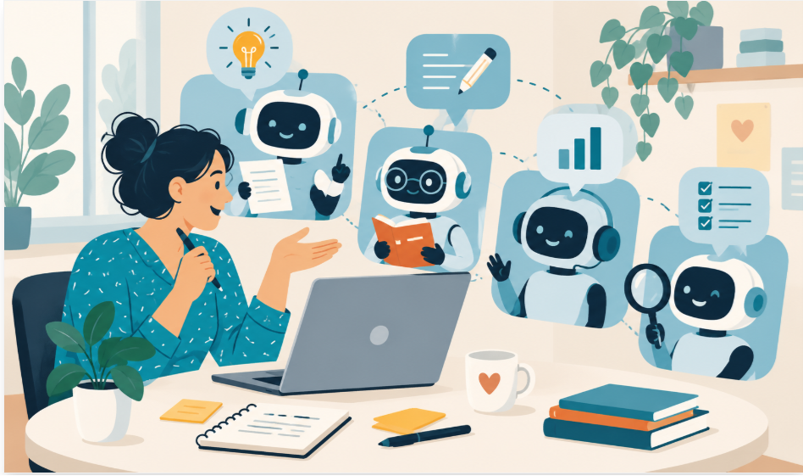 nainen juttelee kannettavan tietokoneen ääressä tekoälyagenteille, jotka on kuvattu robotteina.